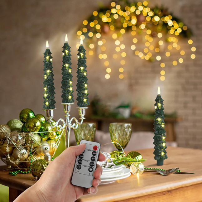 4Pcs LED Flameless Christmas Tree Taper Candles with Remote Control 3D Flame Flickering Window Candlesticks Set