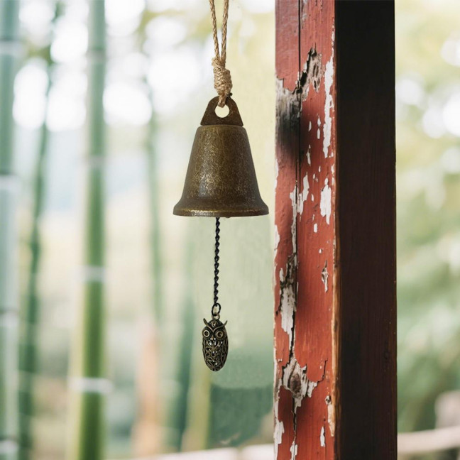 Vintage Hanging Bell Rustic Metal Wind Chime Retro Hanging Wind Bell with Owl or Leaf Pendant for Home Entrance Farmhouse Garden Decoration