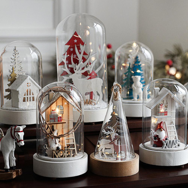 Christmas Figures in Glass Dome Tabletop Decoration LED Light Up Christmas Cloche Ornaments for Indoor Home Tabletop Decor Christmas Figures in Glass Dome Tabletop Decoration LED Light Up Christmas Cloche Ornaments for Indoor Home Tabletop Decor