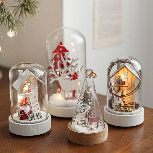 Christmas Figures in Glass Dome Tabletop Decoration LED Light Up Christmas Cloche Ornaments for Indoor Home Tabletop Decor Christmas Figures in Glass Dome Tabletop Decoration LED Light Up Christmas Cloche Ornaments for Indoor Home Tabletop Decor