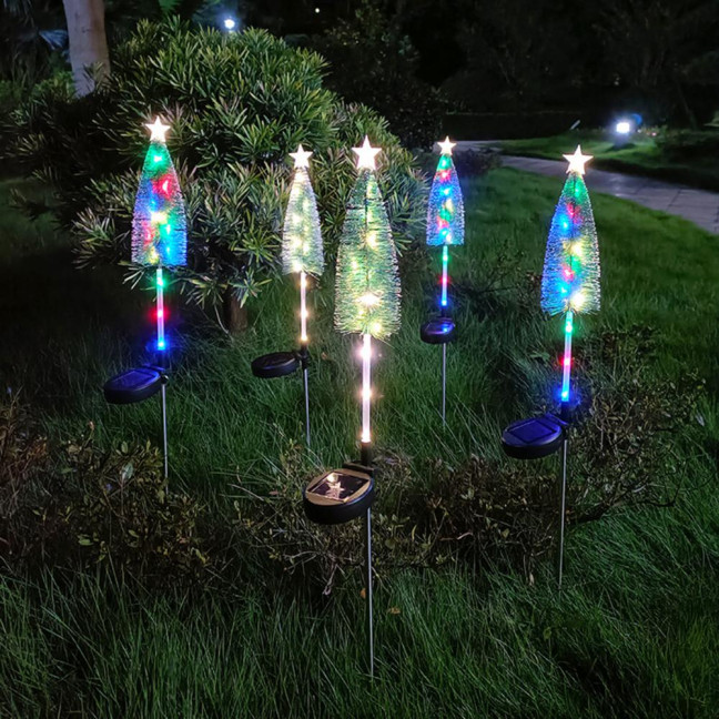 Solar Powered Christmas Tree Lights Outdoor Waterproof LED Lawn Lights with Star Topper Colorful Holiday Garden Decoration for Yard Patio 