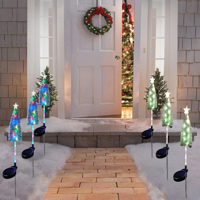 Solar Powered Christmas Tree Lights Outdoor Waterproof LED Lawn Lights with Star Topper Colorful Holiday Garden Decoration for Yard Patio 