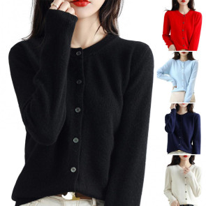 Women Knitted Sweater Coat Round Neck Long Sleeve Single Breasted Solid Color Knitting Cardigan Daily Wear