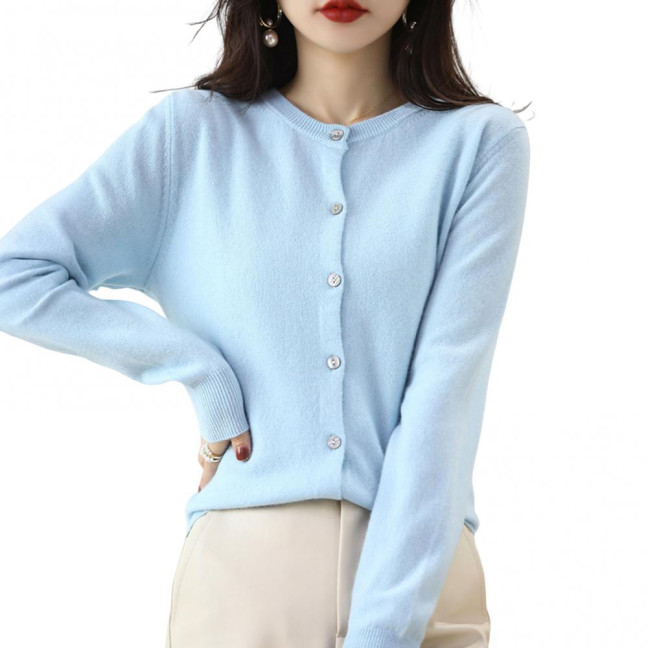 Women Knitted Sweater Coat Round Neck Long Sleeve Single Breasted Solid Color Knitting Cardigan Daily Wear