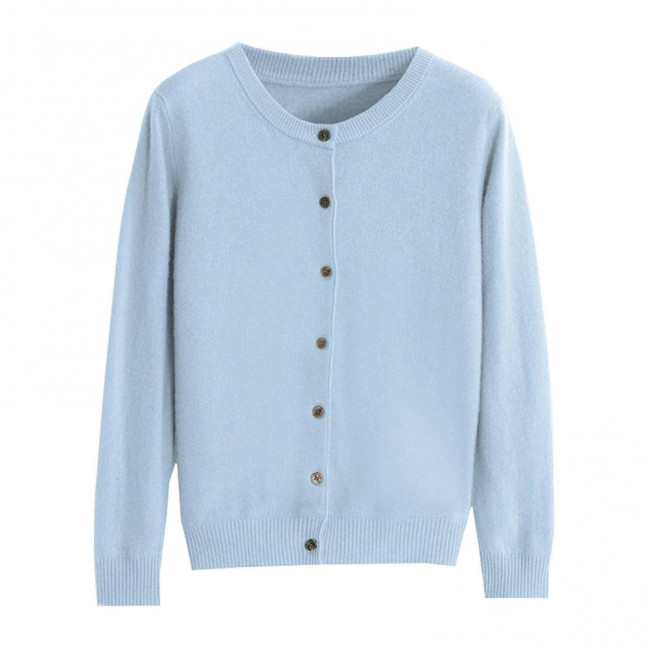 Women Knitted Sweater Coat Round Neck Long Sleeve Single Breasted Solid Color Knitting Cardigan Daily Wear