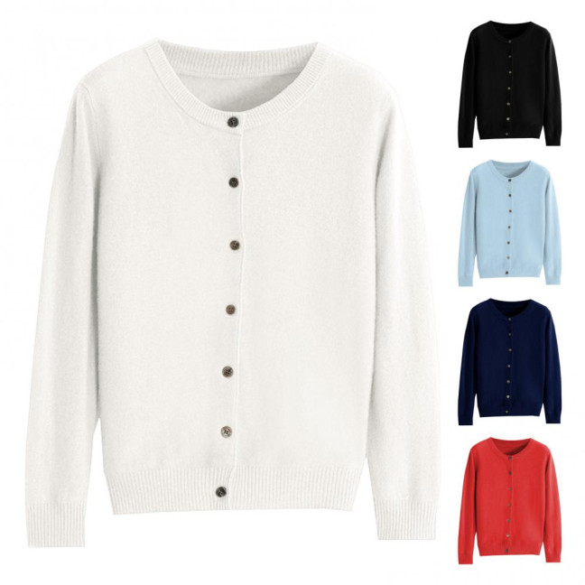 Women Knitted Sweater Coat Round Neck Long Sleeve Single Breasted Solid Color Knitting Cardigan Daily Wear