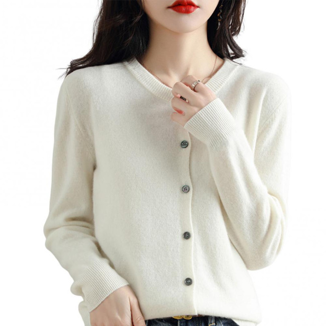 Women Knitted Sweater Coat Round Neck Long Sleeve Single Breasted Solid Color Knitting Cardigan Daily Wear
