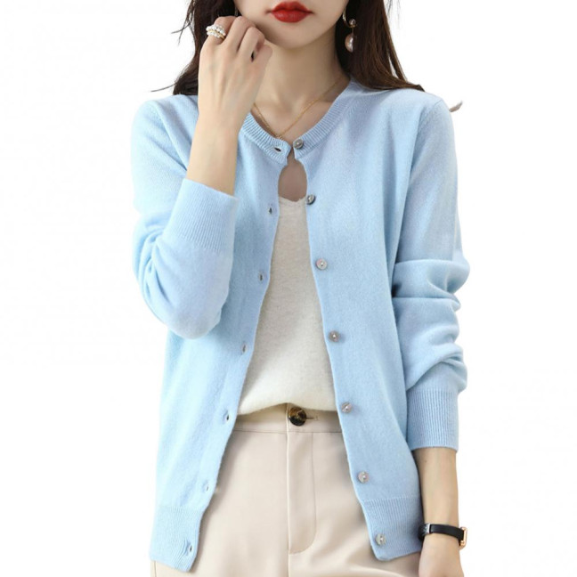 Women Knitted Sweater Coat Round Neck Long Sleeve Single Breasted Solid Color Knitting Cardigan Daily Wear
