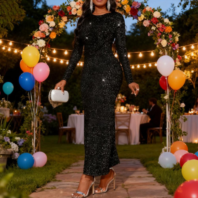 Women's Sequin Bodycon Maxi Dress Sparkly Crew Neck Long Sleeve Mermaid Dress Formal Party Cocktail Evening Gown Women's Sequin Bodycon Maxi Dress Sparkly Crew Neck Long Sleeve Mermaid Dress Formal Party Cocktail Evening Gown