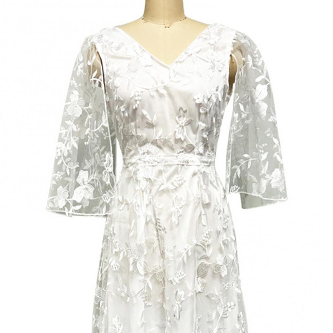 Lace Flared Sleeve Wedding Dress for Bride Deep V Neck Open Back Bridal Ball Gown Boho Beach Swing Dress