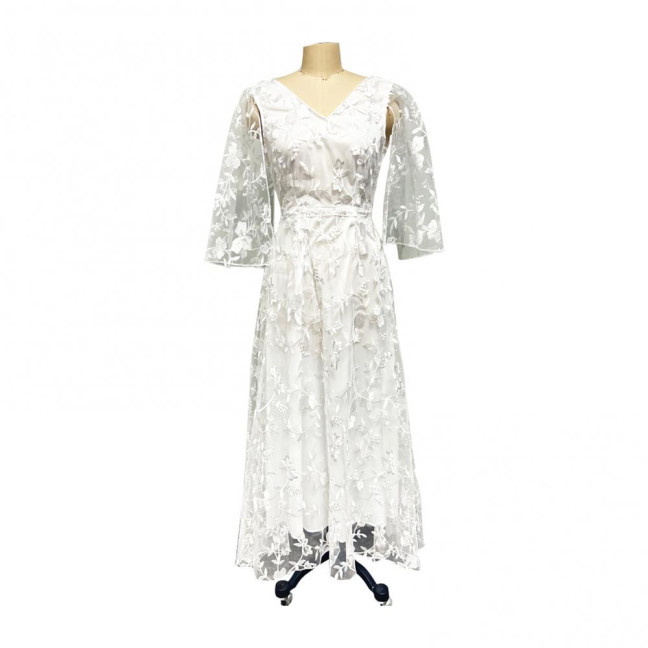 Lace Flared Sleeve Wedding Dress for Bride Deep V Neck Open Back Bridal Ball Gown Boho Beach Swing Dress