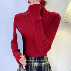 Women Sweater Turtleneck Long Sleeve Slim Fit Knitting Tops Solid Color Soft Elastic Fabric Bottom Tops Daily Wear