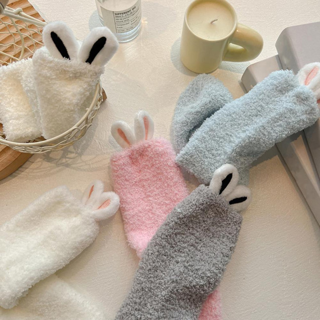 Plush Socks with Rabbit Ears Women Winter Warm Fluffy Socks Thick Soft Cute Floor Socks for Home Bedroom Living Room Sleep
