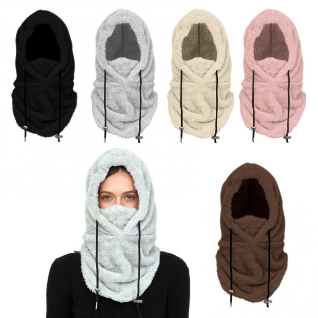 Winter Ski Headgear Solid Color Adjustable Drawstring Thickened Plush Warm Hat 3-in-1 Face Guard Head Cover Hat