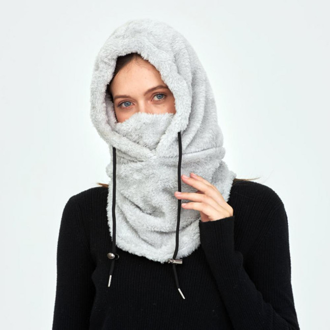 Winter Ski Headgear Solid Color Adjustable Drawstring Thickened Plush Warm Hat 3-in-1 Face Guard Head Cover Hat