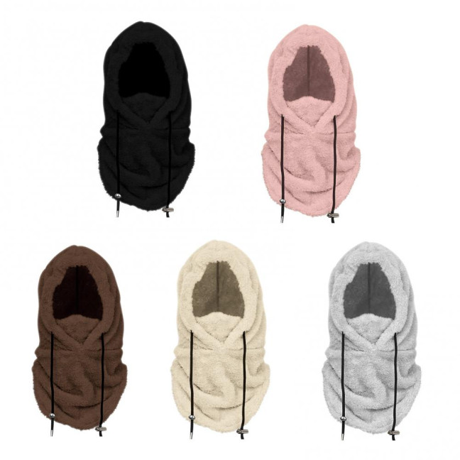 Winter Ski Headgear Solid Color Adjustable Drawstring Thickened Plush Warm Hat 3-in-1 Face Guard Head Cover Hat