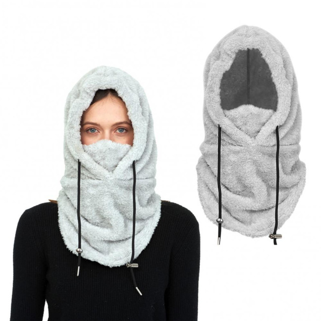 Winter Ski Headgear Solid Color Adjustable Drawstring Thickened Plush Warm Hat 3-in-1 Face Guard Head Cover Hat