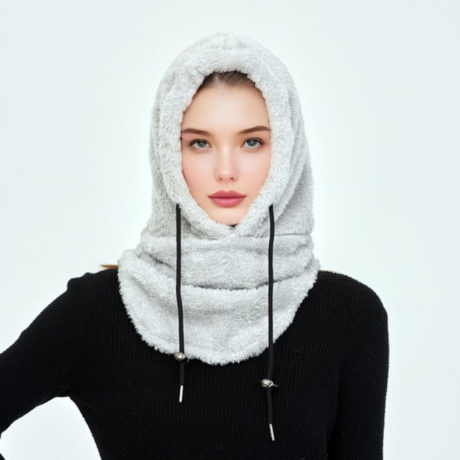 Winter Ski Headgear Solid Color Adjustable Drawstring Thickened Plush Warm Hat 3-in-1 Face Guard Head Cover Hat