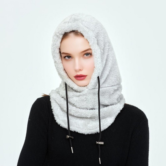 Winter Ski Headgear Solid Color Adjustable Drawstring Thickened Plush Warm Hat 3-in-1 Face Guard Head Cover Hat