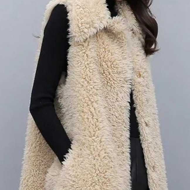 Women's Fuzzy Faux Fur Vest Sleeveless Lapel Fleece Jacket Winter Warm Open Front Cardigan with Pockets