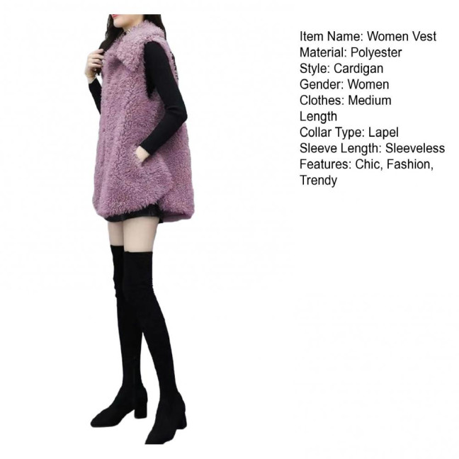 Women's Fuzzy Faux Fur Vest Sleeveless Lapel Fleece Jacket Winter Warm Open Front Cardigan with Pockets