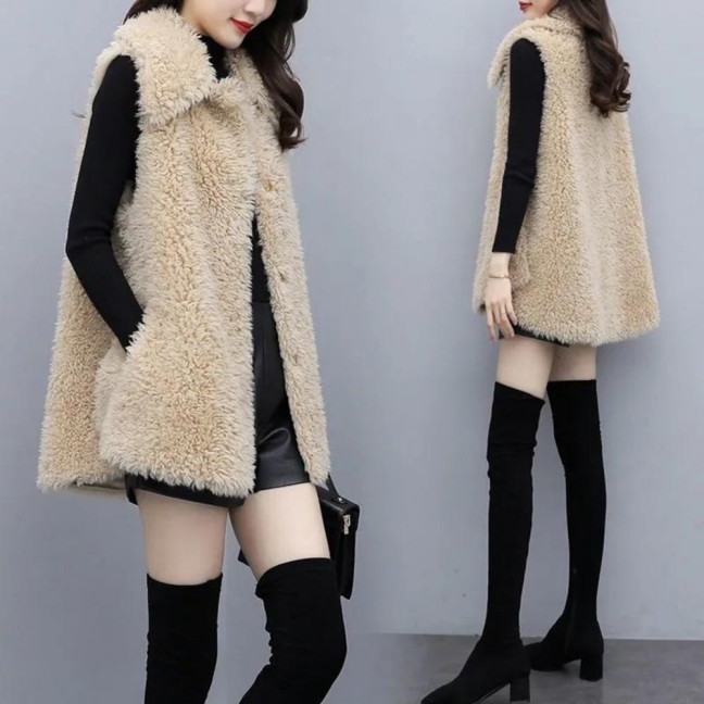 Women's Fuzzy Faux Fur Vest Sleeveless Lapel Fleece Jacket Winter Warm Open Front Cardigan with Pockets