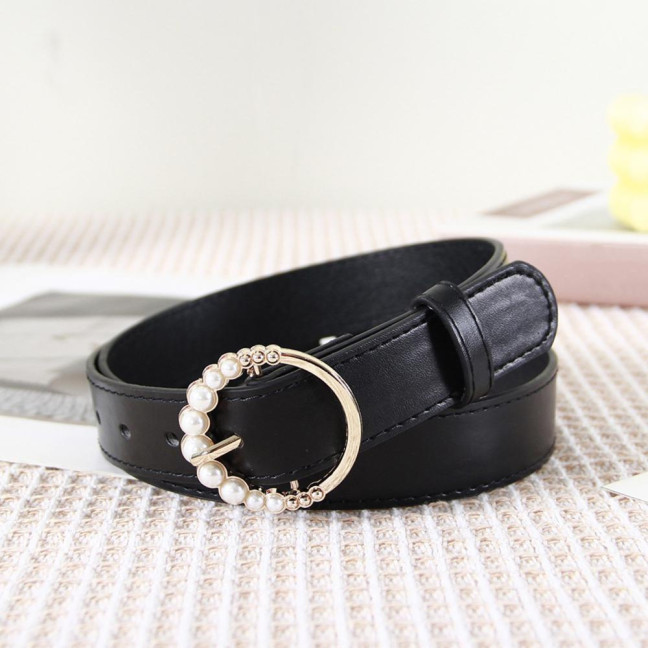 Imitation Leather Women Belt Faux Pearls Pin Buckle Adjustable Holes Design Waistband Versatile Fashion Accessory