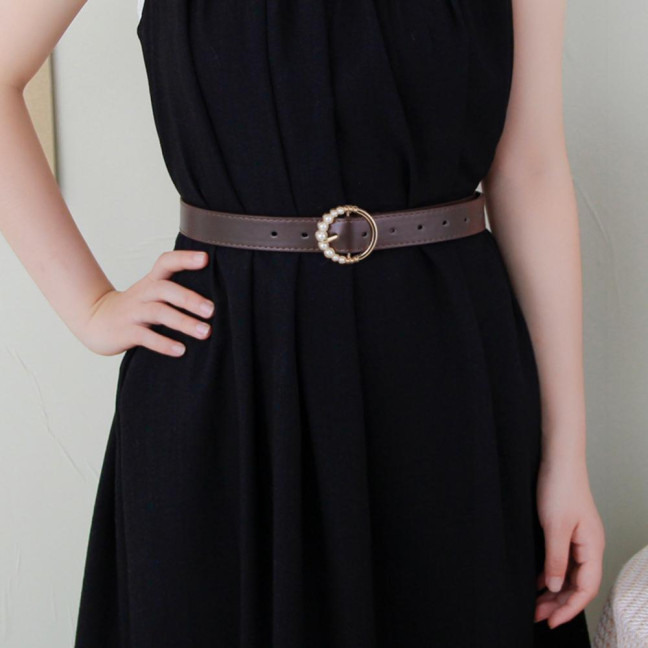 Imitation Leather Women Belt Faux Pearls Pin Buckle Adjustable Holes Design Waistband Versatile Fashion Accessory