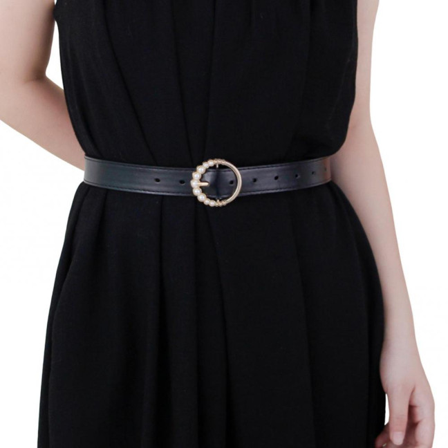 Imitation Leather Women Belt Faux Pearls Pin Buckle Adjustable Holes Design Waistband Versatile Fashion Accessory