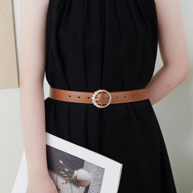 Imitation Leather Women Belt Faux Pearls Pin Buckle Adjustable Holes Design Waistband Versatile Fashion Accessory
