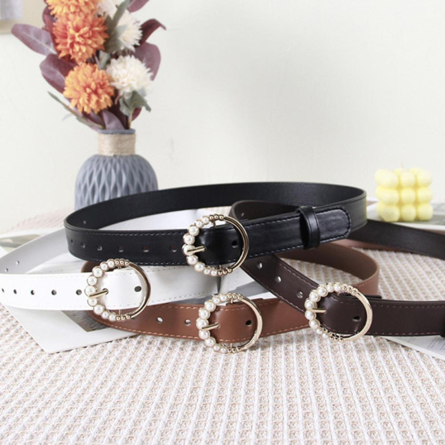 Imitation Leather Women Belt Faux Pearls Pin Buckle Adjustable Holes Design Waistband Versatile Fashion Accessory