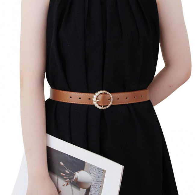 Imitation Leather Women Belt Faux Pearls Pin Buckle Adjustable Holes Design Waistband Versatile Fashion Accessory
