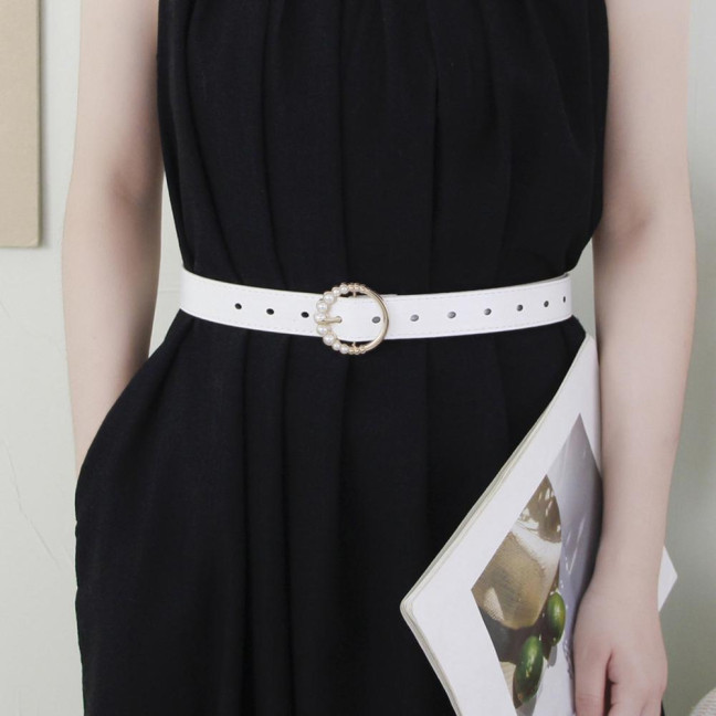Imitation Leather Women Belt Faux Pearls Pin Buckle Adjustable Holes Design Waistband Versatile Fashion Accessory