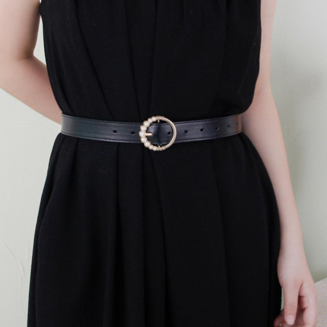 Imitation Leather Women Belt Faux Pearls Pin Buckle Adjustable Holes Design Waistband Versatile Fashion Accessory