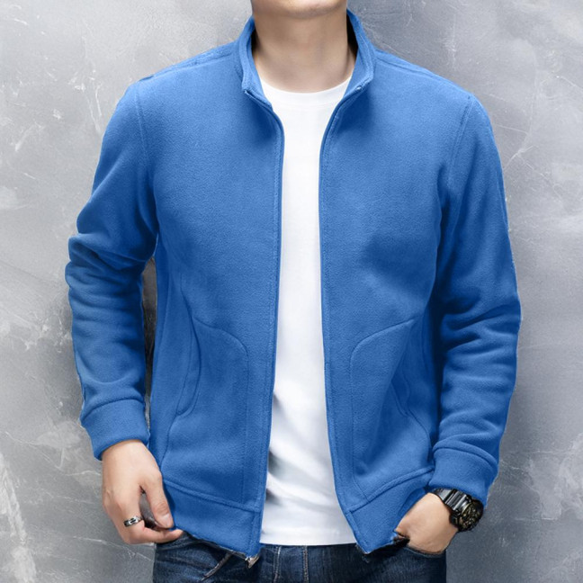 Men Coat Stand-Up Collar Long Sleeve Zipper Closure Polar Fleece Jacket with Pockets Winter Thickened Warm Outerwear