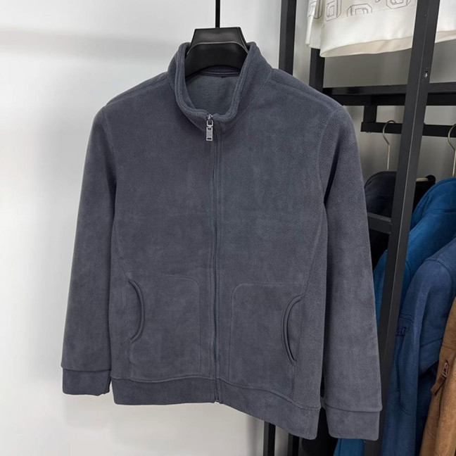 Men Coat Stand-Up Collar Long Sleeve Zipper Closure Polar Fleece Jacket with Pockets Winter Thickened Warm Outerwear