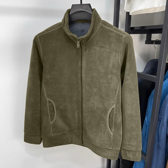 Men Coat Stand-Up Collar Long Sleeve Zipper Closure Polar Fleece Jacket with Pockets Winter Thickened Warm Outerwear