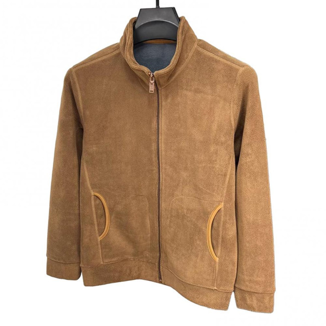 Men Coat Stand-Up Collar Long Sleeve Zipper Closure Polar Fleece Jacket with Pockets Winter Thickened Warm Outerwear