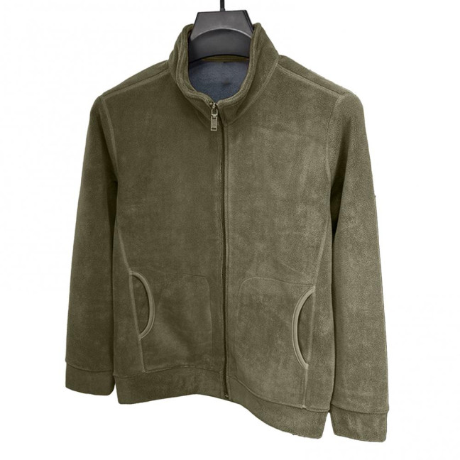 Men Coat Stand-Up Collar Long Sleeve Zipper Closure Polar Fleece Jacket with Pockets Winter Thickened Warm Outerwear