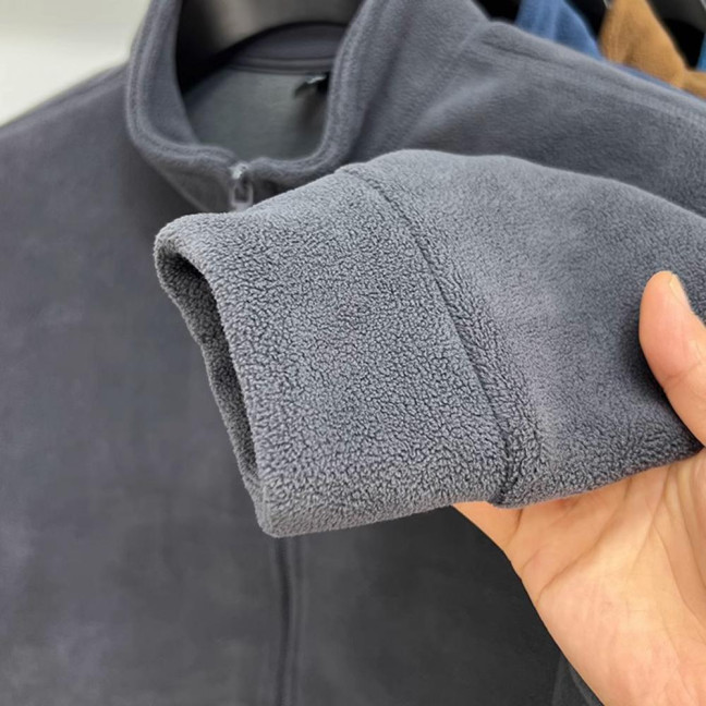 Men Coat Stand-Up Collar Long Sleeve Zipper Closure Polar Fleece Jacket with Pockets Winter Thickened Warm Outerwear