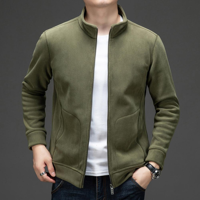 Men Coat Stand-Up Collar Long Sleeve Zipper Closure Polar Fleece Jacket with Pockets Winter Thickened Warm Outerwear