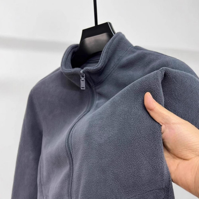 Men Coat Stand-Up Collar Long Sleeve Zipper Closure Polar Fleece Jacket with Pockets Winter Thickened Warm Outerwear