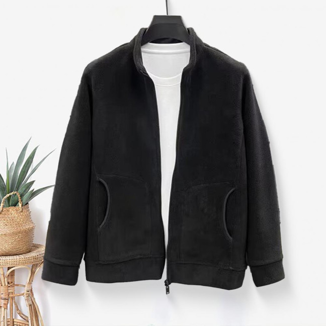 Men Coat Stand-Up Collar Long Sleeve Zipper Closure Polar Fleece Jacket with Pockets Winter Thickened Warm Outerwear