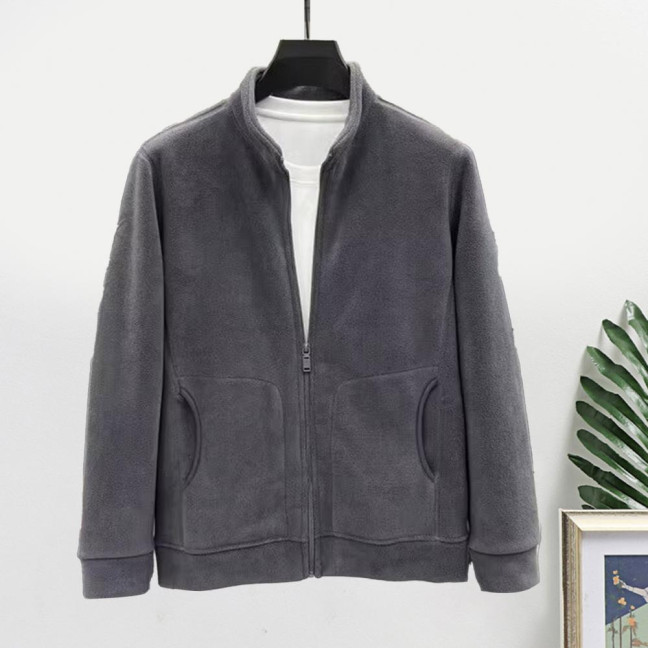 Men Coat Stand-Up Collar Long Sleeve Zipper Closure Polar Fleece Jacket with Pockets Winter Thickened Warm Outerwear