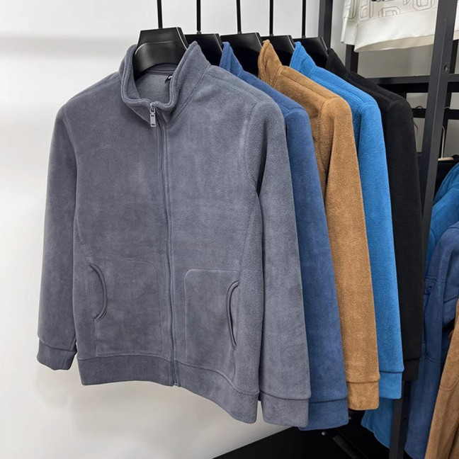 Men Coat Stand-Up Collar Long Sleeve Zipper Closure Polar Fleece Jacket with Pockets Winter Thickened Warm Outerwear