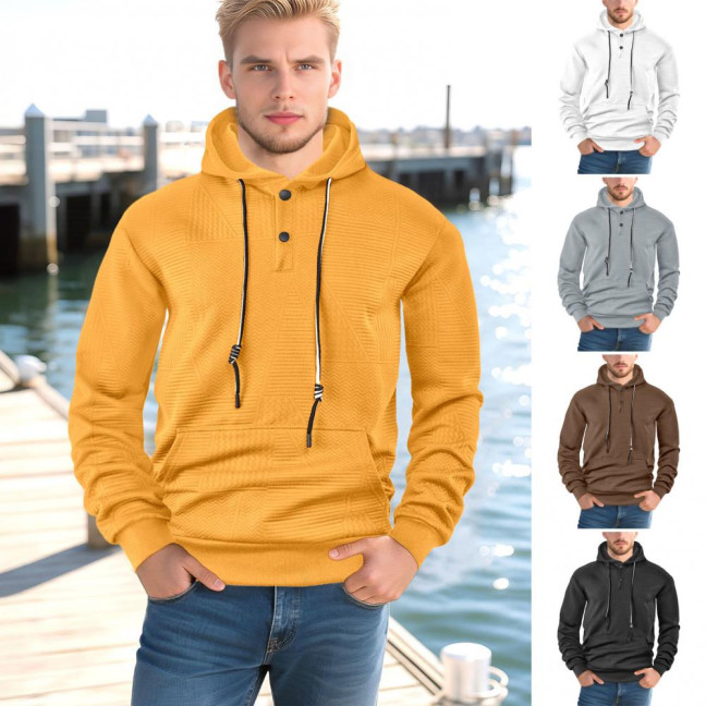 Men Hoodie Jacquard Texture Hooded Drawstring Long Sleeve Pullover Tops with Front Pocket Solid Color Spring Autumn Tops