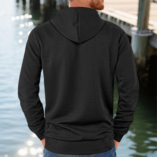 Men Hoodie Jacquard Texture Hooded Drawstring Long Sleeve Pullover Tops with Front Pocket Solid Color Spring Autumn Tops
