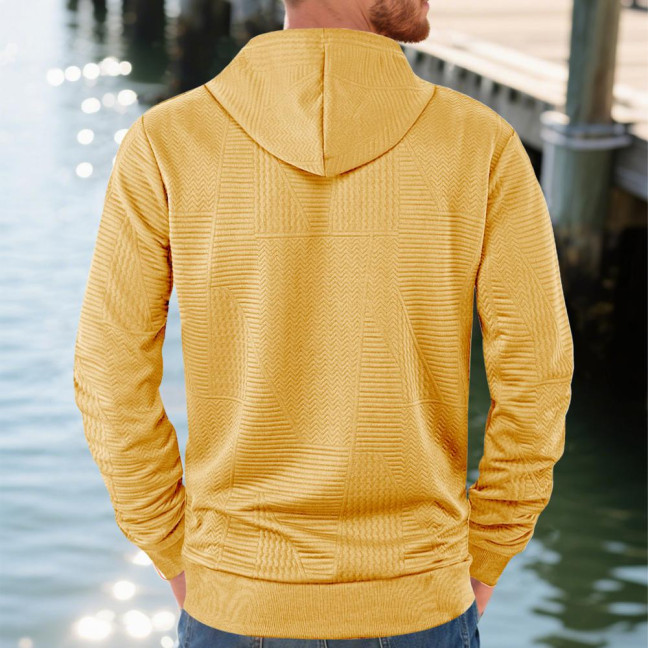 Men Hoodie Jacquard Texture Hooded Drawstring Long Sleeve Pullover Tops with Front Pocket Solid Color Spring Autumn Tops