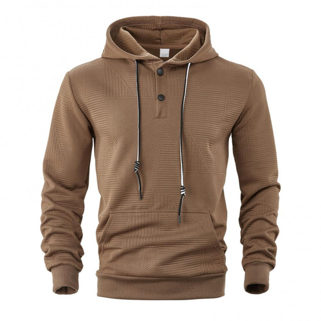 Men Hoodie Jacquard Texture Hooded Drawstring Long Sleeve Pullover Tops with Front Pocket Solid Color Spring Autumn Tops