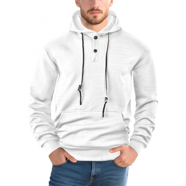 Men Hoodie Jacquard Texture Hooded Drawstring Long Sleeve Pullover Tops with Front Pocket Solid Color Spring Autumn Tops